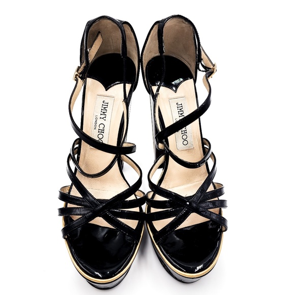JIMMY CHOO Platform Patent Leather Strappy Lucite Wooden High-Heel Shoes EU 37 - Picture 4 of 9